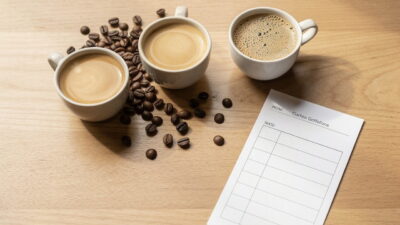 قهوه‌های نمونه، ترازو و برگهٔ چک‌لیست کنترل کیفیت در کافه