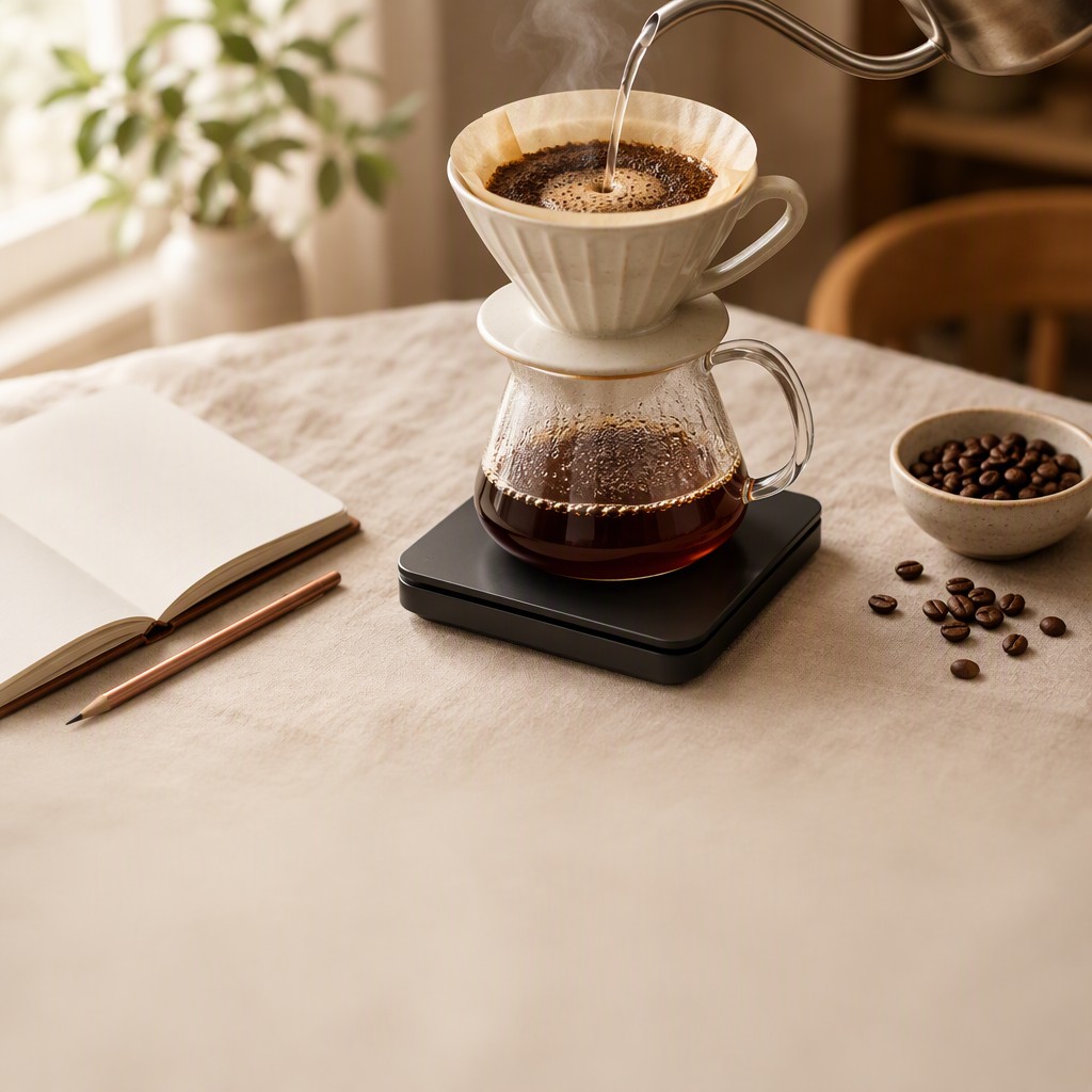 اندازه‌گیری قهوه و آب برای تنظیم نسبت دم‌آوری