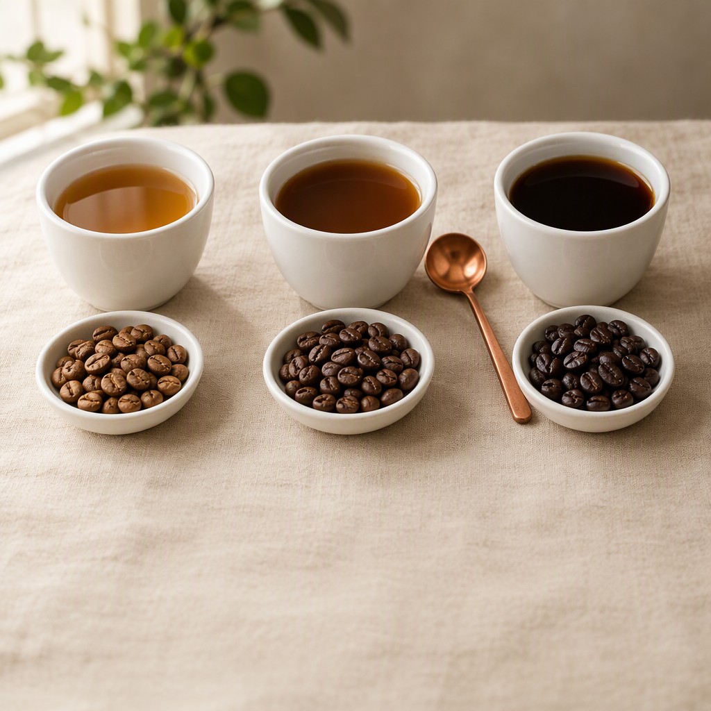 سه فنجان روبوستا برای مقایسهٔ رست روشن، متوسط و تیره