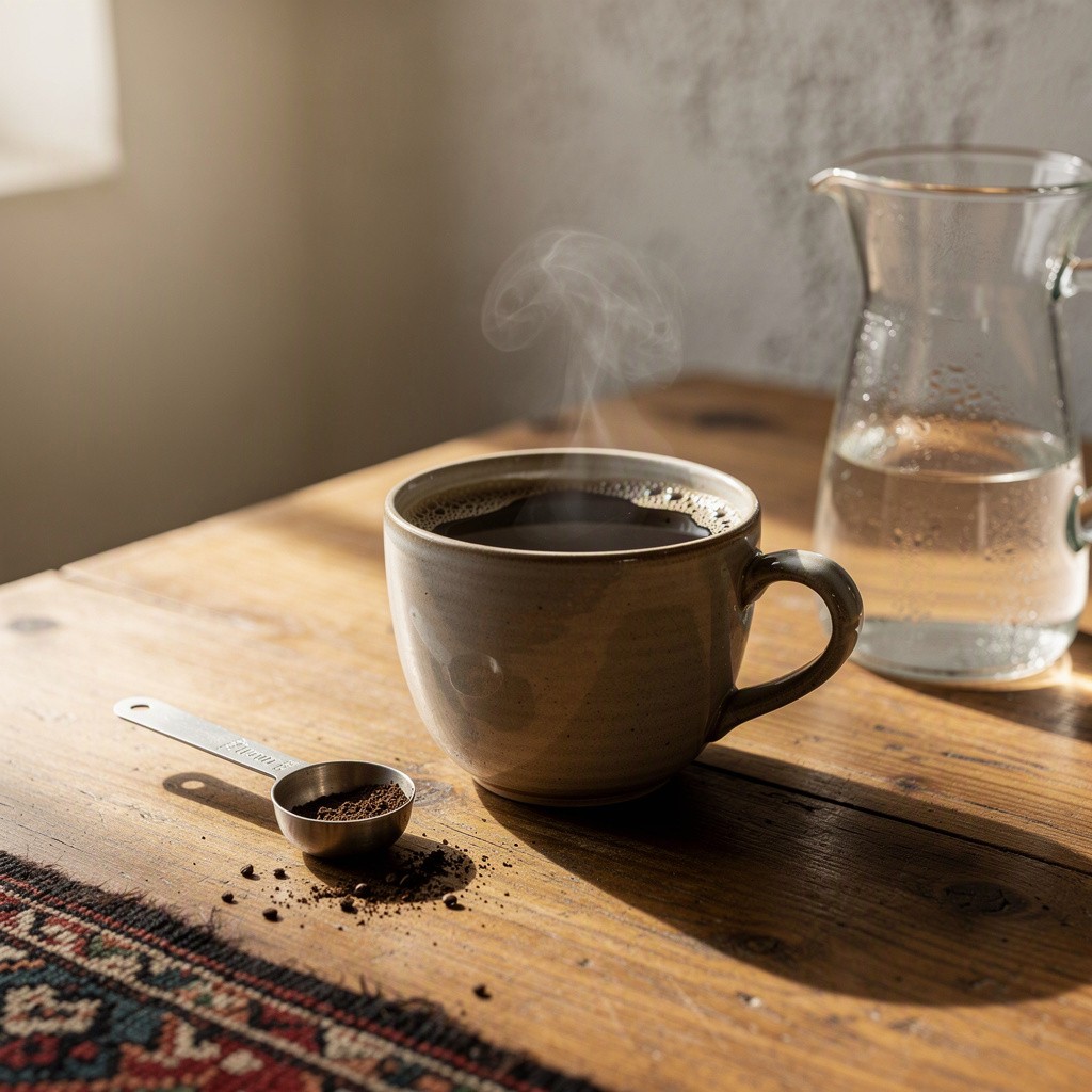 شکل فنجان قهوه با آب و چنگال اندازه‌گیری