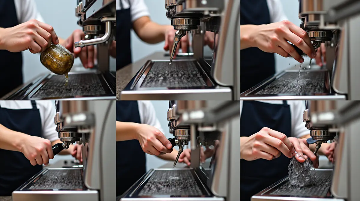 Step by step cleaning process of espresso machine