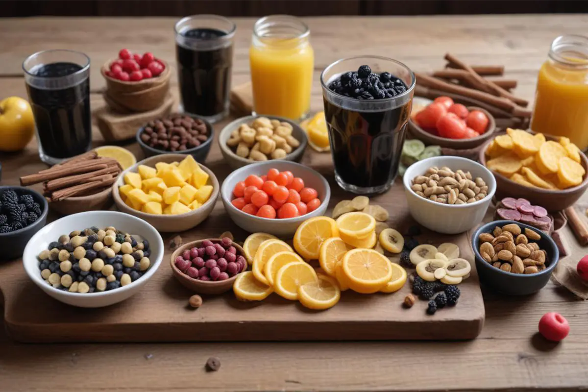 An artistic arrangement of various foods and drinks