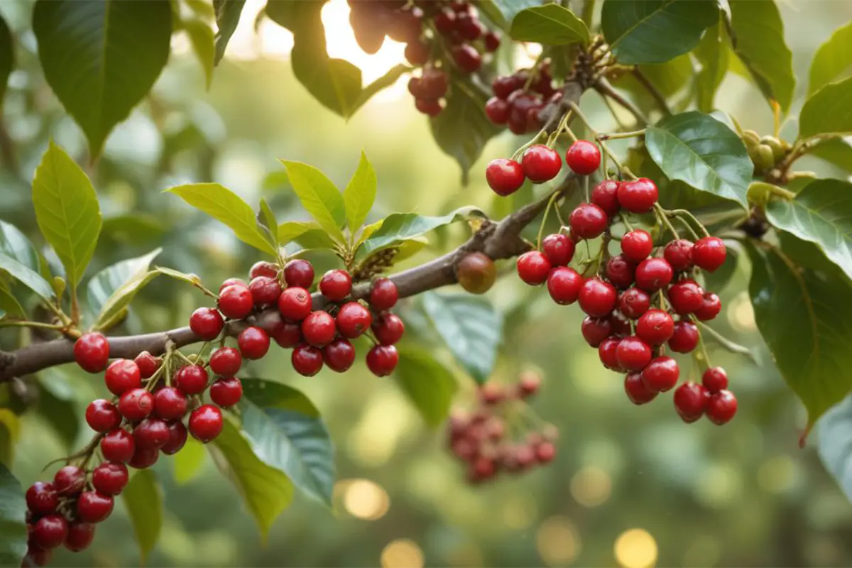 Coffee cherries growing on coffee plant