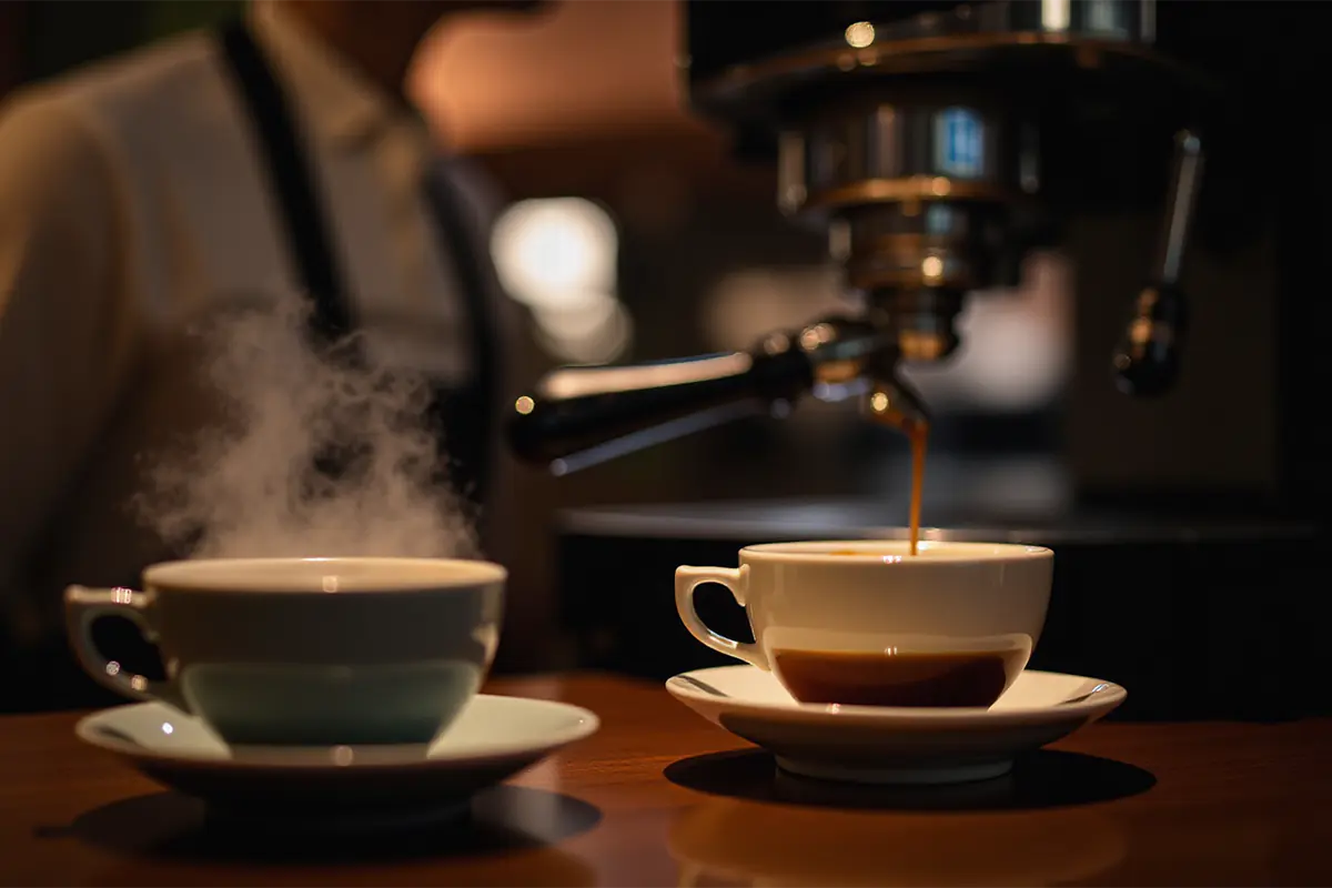 A cozy coffee shop scene with customers enjoying