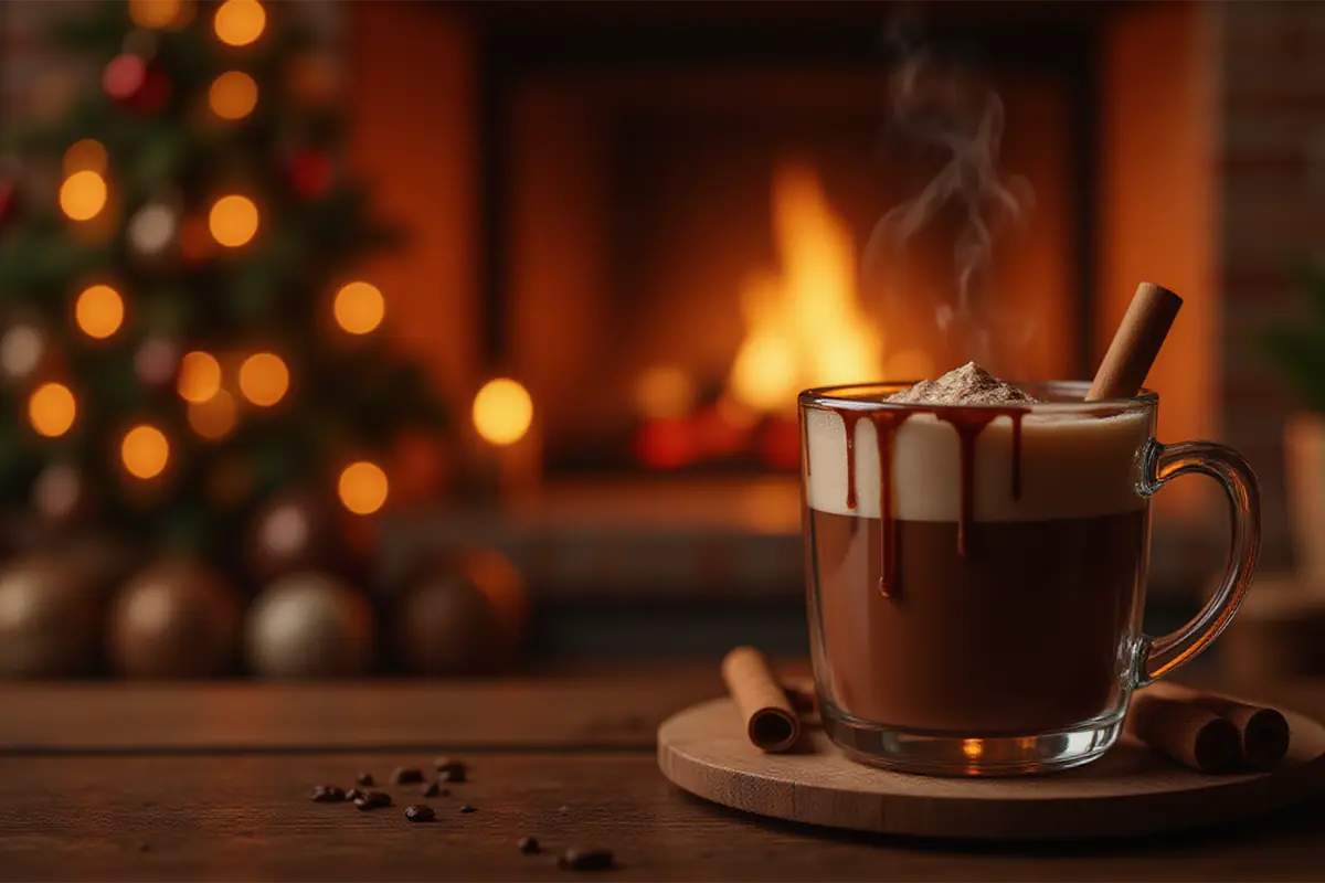 steaming Christmas mocha cocktail in an elegant glass