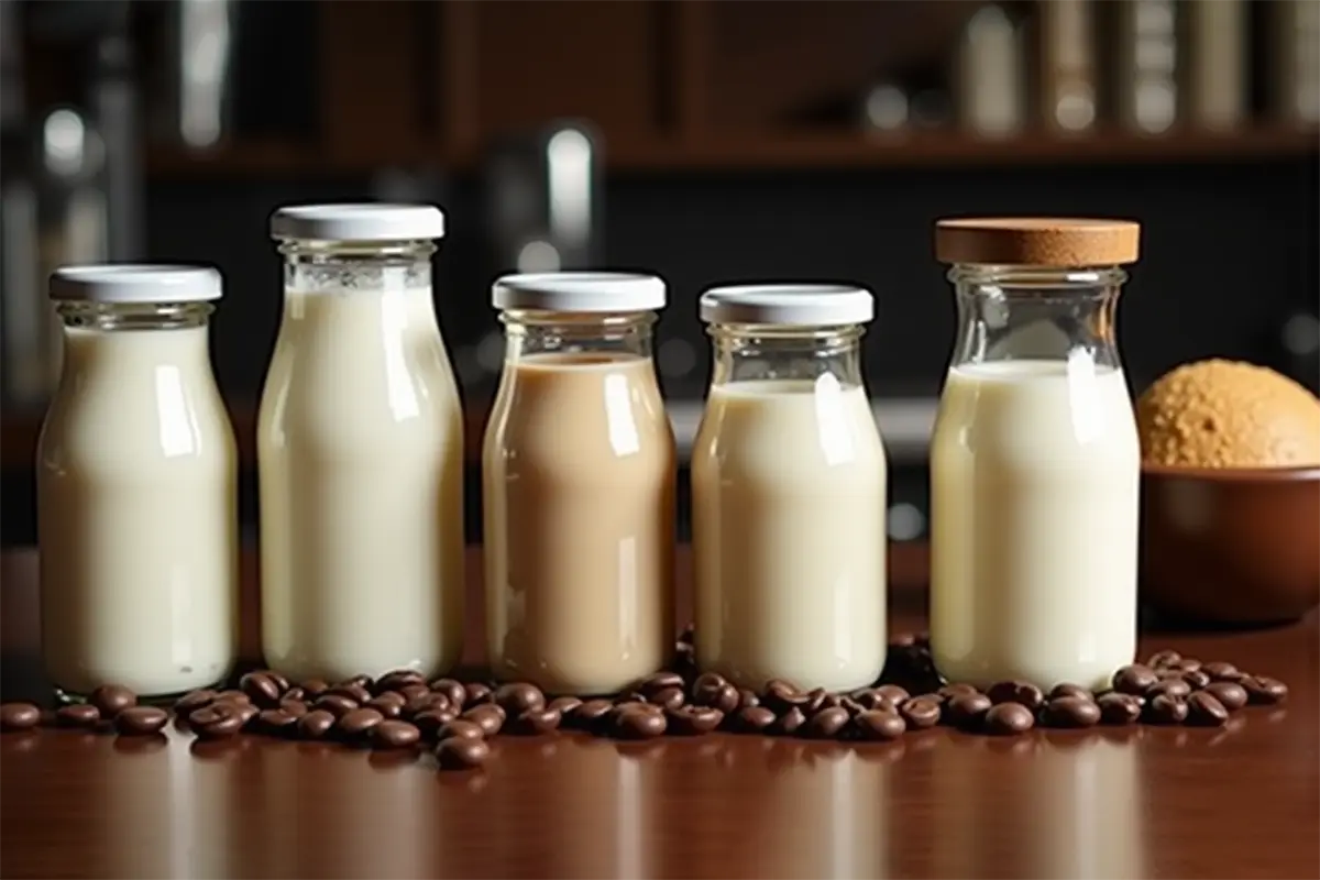 Different types of milk containers arranged on a coffee bar counter