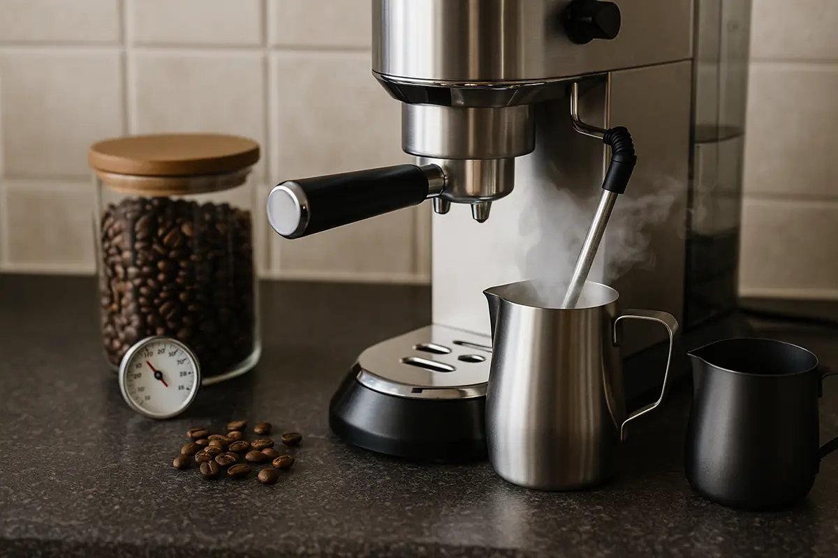 Home barista setup showing espresso machine