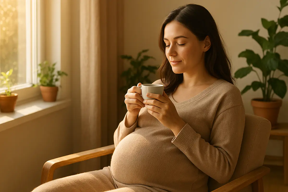 زن باردار در حال نوشیدن قهوه صبحگاهی