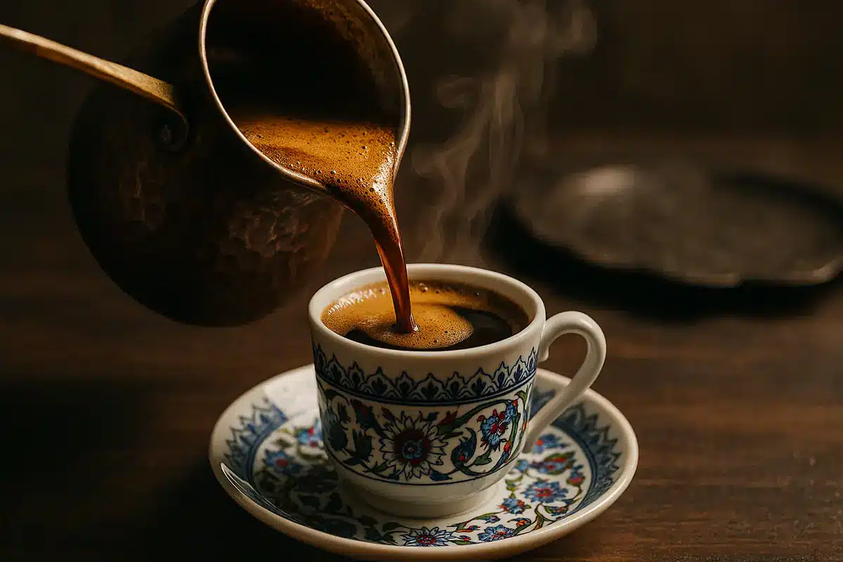 Turkish coffee being poured from cezve