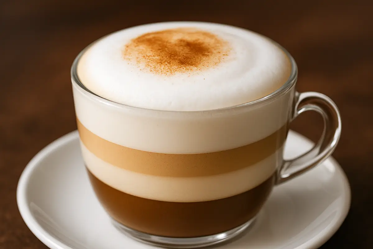 view of cappuccino cup showing distinct layers of espresso