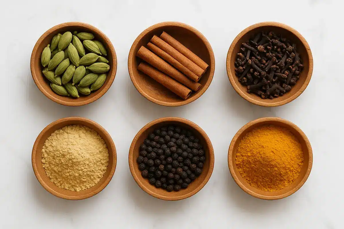 مجموعه ادویه‌های تازه برای تهیه پودر چای ماسالا