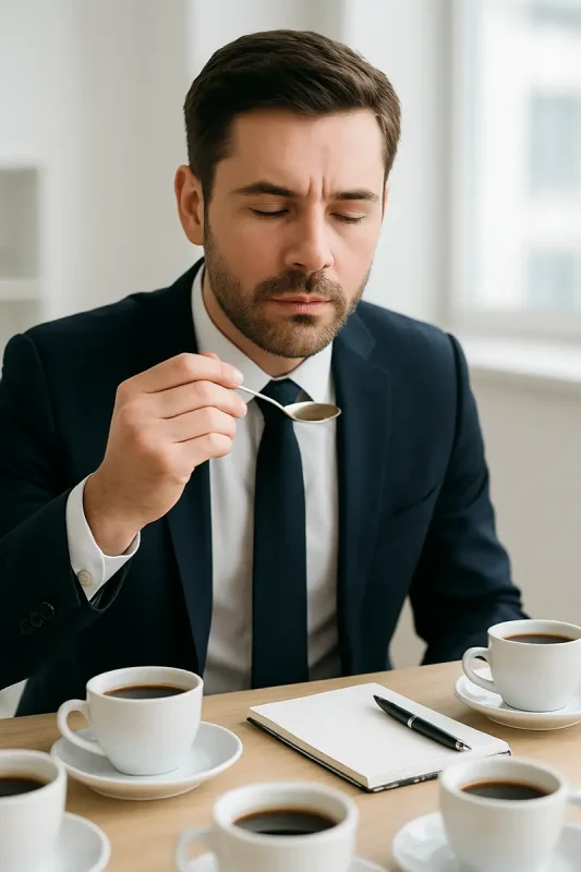 متخصص در حال چشیدن و ارزیابی قهوه