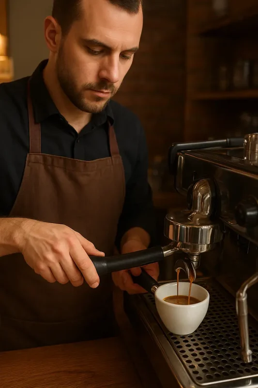 a barista makeing a coffee with naked portafilter