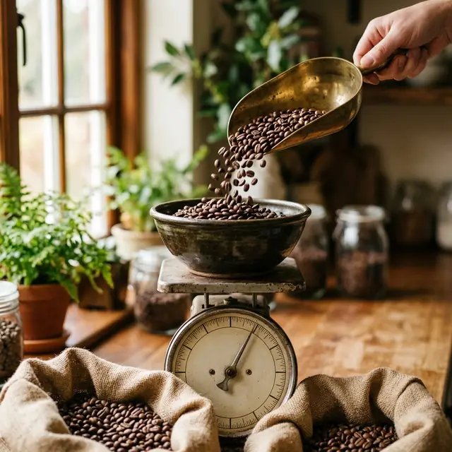 ریختن دانهٔ قهوه با پیمانهٔ برنجی روی ترازو